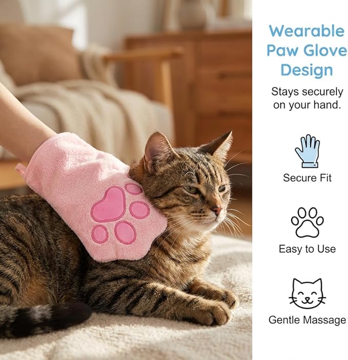SENOY Paw Bathing Towel for Cats, Washable Reusable Coral Fleece Pet Drying Glove, Quick-Absorbent Cat Bathing Supplies with Hanging Loop, Soft Grooming Towel for Dogs & Cats (Pink-2pcs)