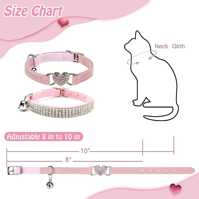 BINGPET Diamond Cat Collar,Adjustable Soft Velvet Leather Safe Kitten Collar with Shiny Rhinestones and Bells,Girl Boy Bling Cat Collars with Safety Elastic for Small Medium Cats Pack of 2（Pink）