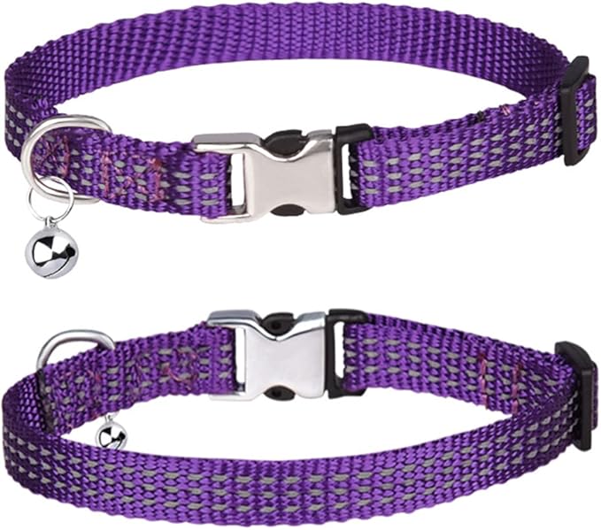 THAIN Cat Collar Personalized Reflective with Bell-Custom Cat Collar Engraved nameplate with Name and Phone,Adjustable for Cats and Kitten (Purple)