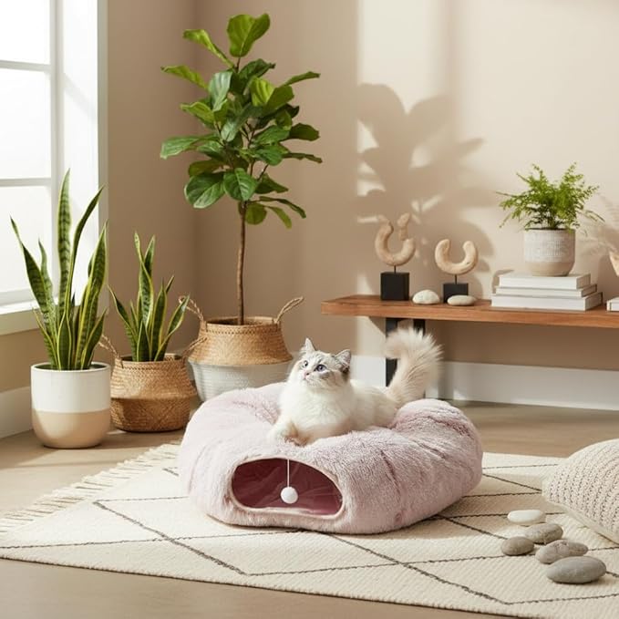 AUOON Cat Tunnel Bed for Indoor Cats - Large Cat Donut Tunnel with Hanging Ball Toy, Collapsible 2-in-1 Multifunctional Interactive Cat Toy for Kitten, Puppy, Rabbit, Ferret (Light Pink)