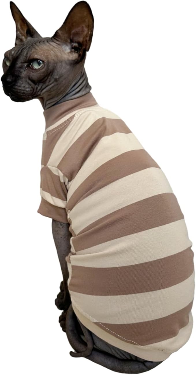 Sphynx Cat Clothes Shirts for Hairless Cat, Wide Stripe Cats Apparel, Kitten Summer Cotton T-Shirts with Sleeves for Cornish Rex, Devon Rex, Peterbald (Coffee, Medium)