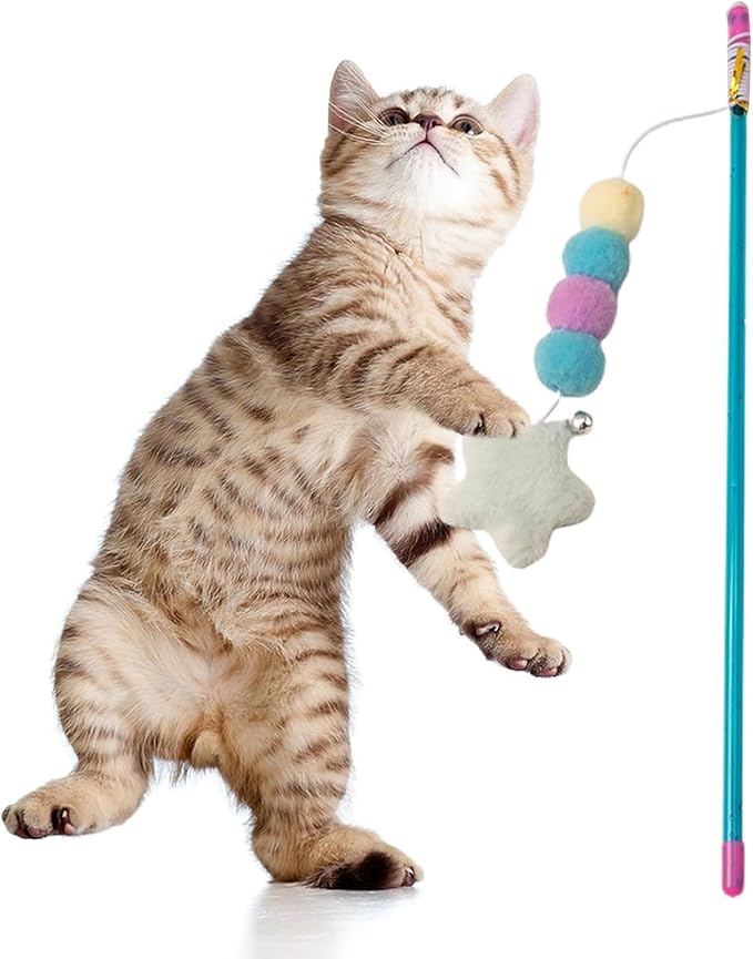 BWESOO Pink Cat Stick Toy Elastic Rope Plush Ball Star Pendant Bite-Resistant Comfortable Grip Relieve Boredom Handmade Kitten Teaser Wand Cat Mice and Animals Toys