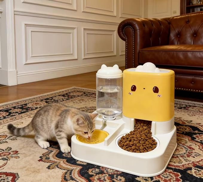 Pet Automatic Feeder Dog Cat Feeding Bowl and Water Dispenser with Refillable Storage Container Large Capacity Rabbit Feeder Watering (Yellow)