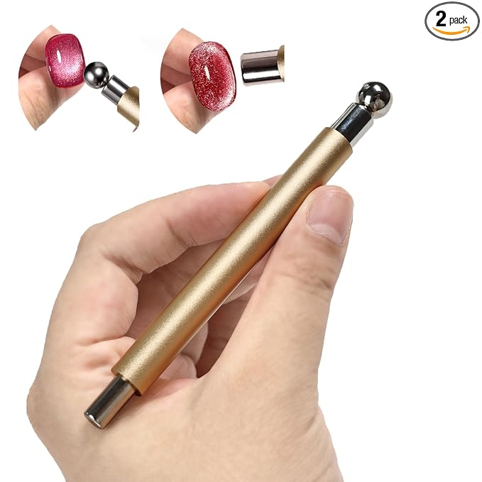 Cat Eye Magnet for Nails, Double-head Magnet Wand with Round Nail Magnet Beads Nail Polish Magnet Pen Magnetic Cat Eye Gel Polish Nail Design Tool for Home DIY, Salon, Gold