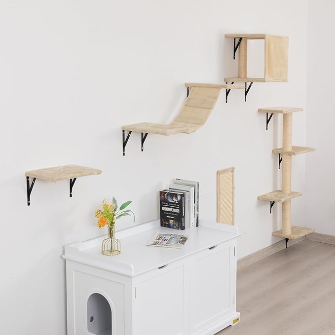 5 Pcs Wall-Mounted Cat Climber Set, Wood Indoor Cat Shelves with Perches, Ladder, Cat Condo House, Scratching Board and Cat Tree, Wall Shelves Furniture (Beige)