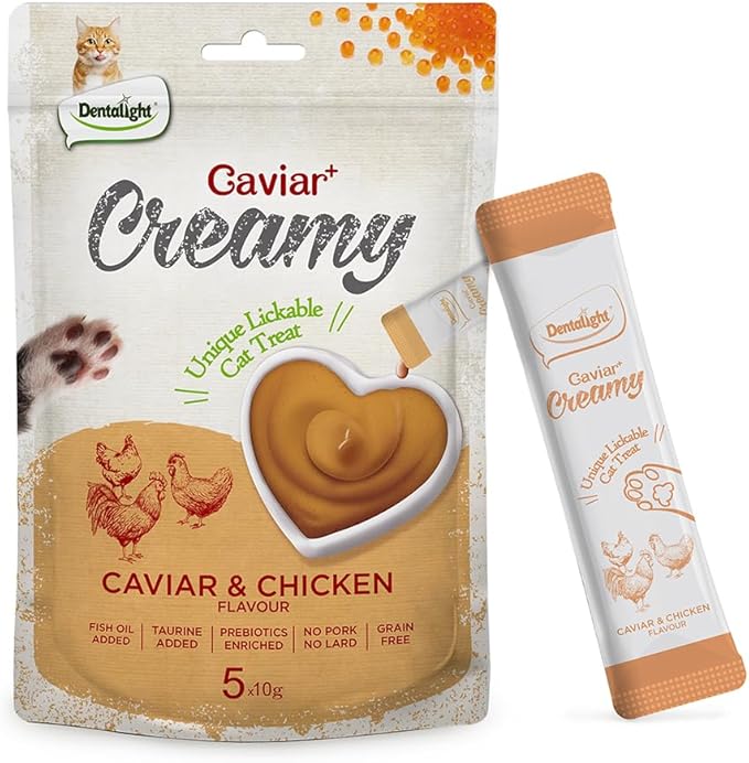 Caviar Chicken Creamy, Handheld Lickable Wet Cat Treat, Prebiotics and Fish Oil Added, Grain Free, 5pcs(50g, Chicken)