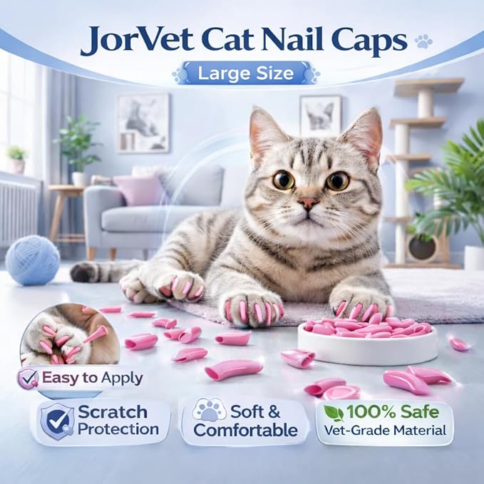 JorVet Cat Nail Caps (100pcs) | Soft Claw Covers for Indoor Cats to Stop Scratching and Protect Furniture | Easy to Apply, Safe, Non-Toxic with Durable and Comfortable Quality | Large | Pink