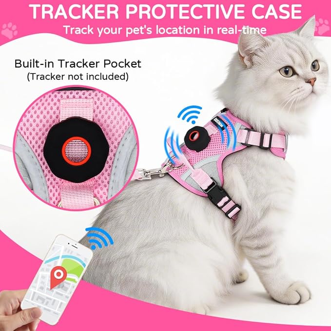 Cat Harness and Leash Set with Holder Compatible with AirTag, Upgraded Escape Proof Kitten Harness Lead for Large Adult Cats, Soft Mesh Jacket Vest for Walking, Reflective & Adjustable, Pink, M