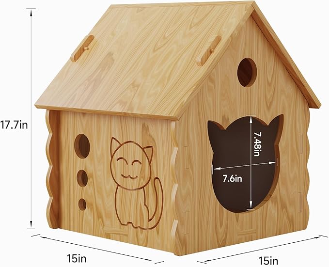 Pinewood Cat House,Habitat for Small Animals,Shelter for Wild Cats,Suitable for Indoor Kittens, Chickens and Dog with Air Vents Warm Cat Cave,Durable, Weather-Resistant, DIY Paintable,Easy to Install