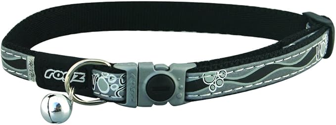 Rogz Reflective Cat Collar with Breakaway Clip and Removable Bell, fully adjustable to fit most breeds, Black Paw Design