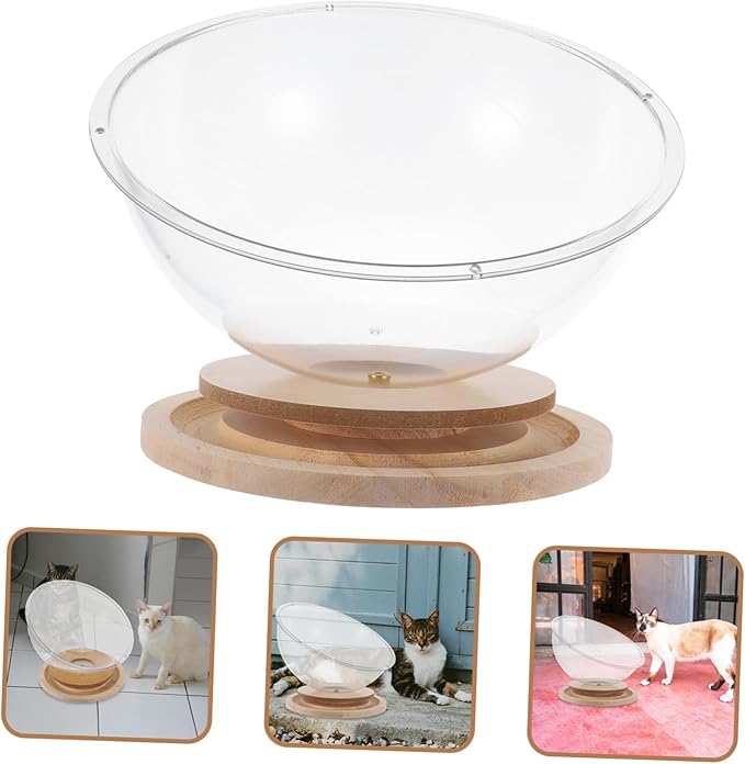 POPETPOP Cat Bed Spaceship Modern Transparent Indoor Cat House with Wooden Stand Multifunctional Toy Sturdy Design for Year Comfort