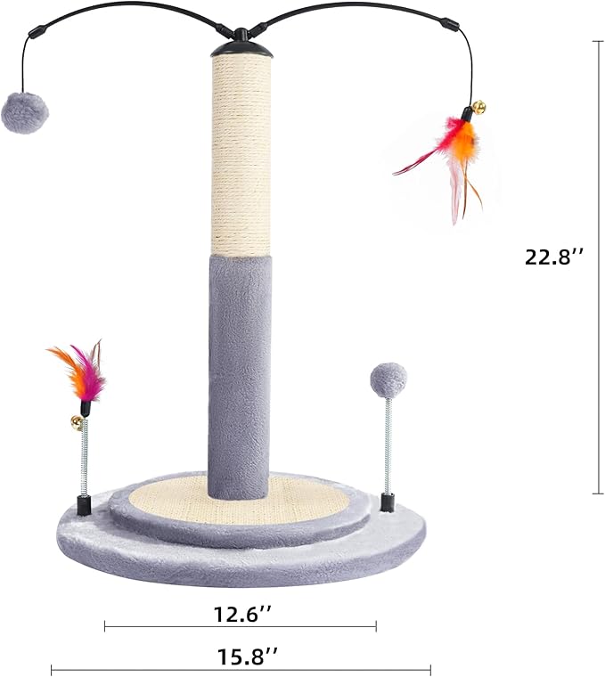 YUNIQUE Cat Scratching Post with Sisal Rope, Small Cat Tree with Dangling Balls & Feather for Kittens (Grey, 22.8'')