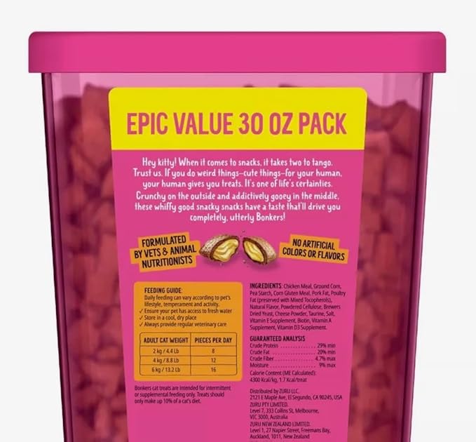 Bonkers Cat Treats Chicken Flavor Cat Bites, Crunchy & Soft Low Calorie, Training or Food Topper for All Breeds and Ages 30 oz Value Pack with Chickylicks Purrpop Sample, Plus 4 Cat Spring Toys