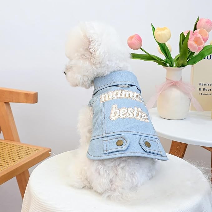 Light Blue Denim Dog Vest for Small Dogs & Cats, “Mama’s Bestie” Embroidered Jean Jacket with D-Ring, Soft Lightweight Pet Outfit for Walks, Parties & Daily Wear(M)