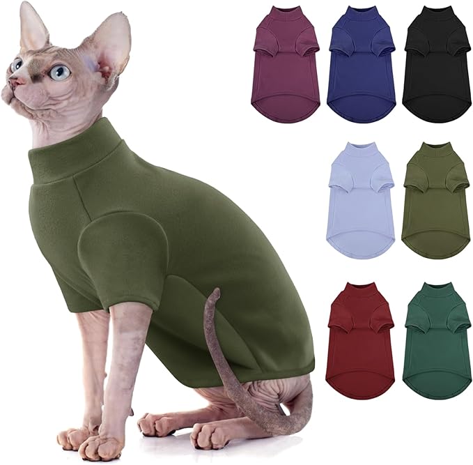Turtleneck Sweater for Cat, Sphynx Cats Shirt Hairless Cat Sweaters with Sleeves, Warm and Soft Kitten Pullover Fleece Winter Pajamas Jumpsuit for Puppy Cats, ArmyGreen S