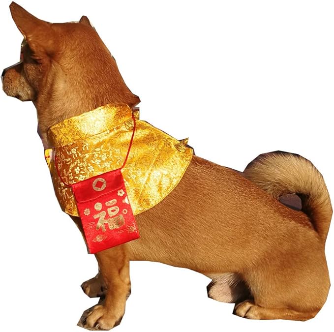 Cat Clothes,New Year's Cloak Dog Clothes Red Pet Cheongsam Cloak Clothes for Cats Small Dogs Puppy(Gold,L)