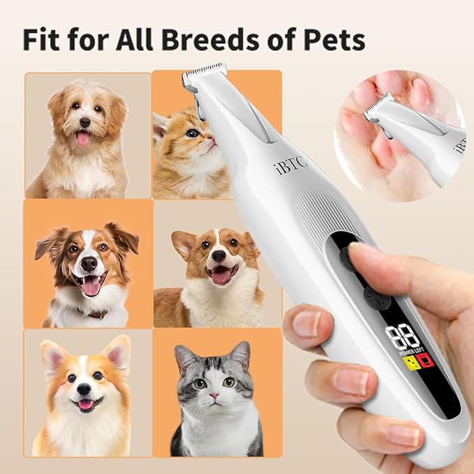 iBTC 2026 New Pet Precision Trimmer, Dog Paw Trimmer with LED Light, Low Noise, IPX Waterproof, Dual-Speed Motor, Suit for Trimming Paw, Ear, Face, Butt, Eyebrows, USB Rechageble