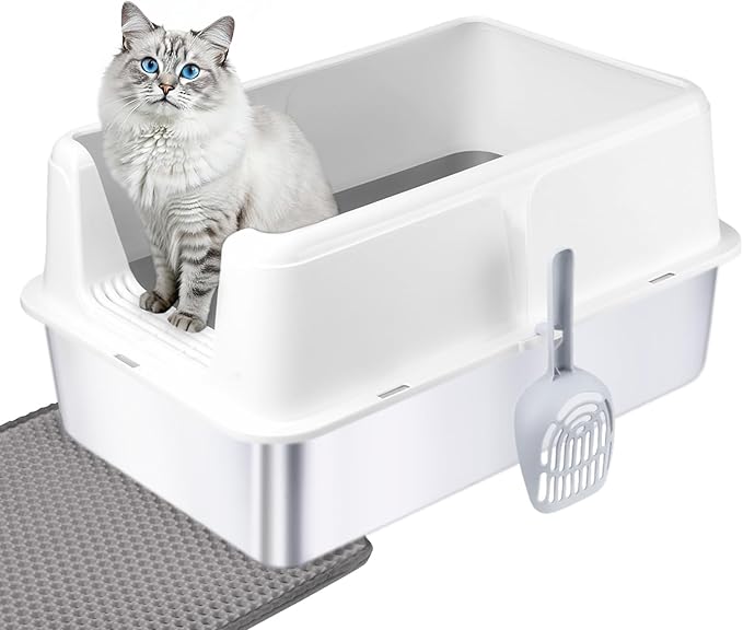 Stainless Steel Cat Litter Box with Lid - XL Extra Large Enclosed Metal Litter Pan for Big Cats, High Sided Non-Stick Odor Resistant Anti-Urine Leakage, Easy Clean with Scoop & Mat, White