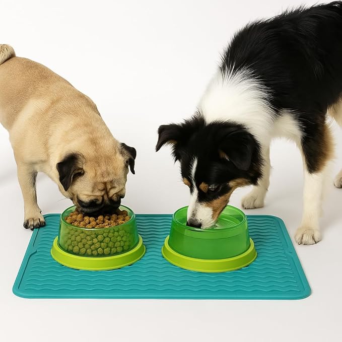 Silicone Pet Feeding Mat for Dogs, Cats, Small Animals, Non-Slip Waterproof Food and Water Mat with Raised Edge, BPA-Free Convenient Hook Storage by Dependable Industries (Mint Green, 12 x 16 inch)