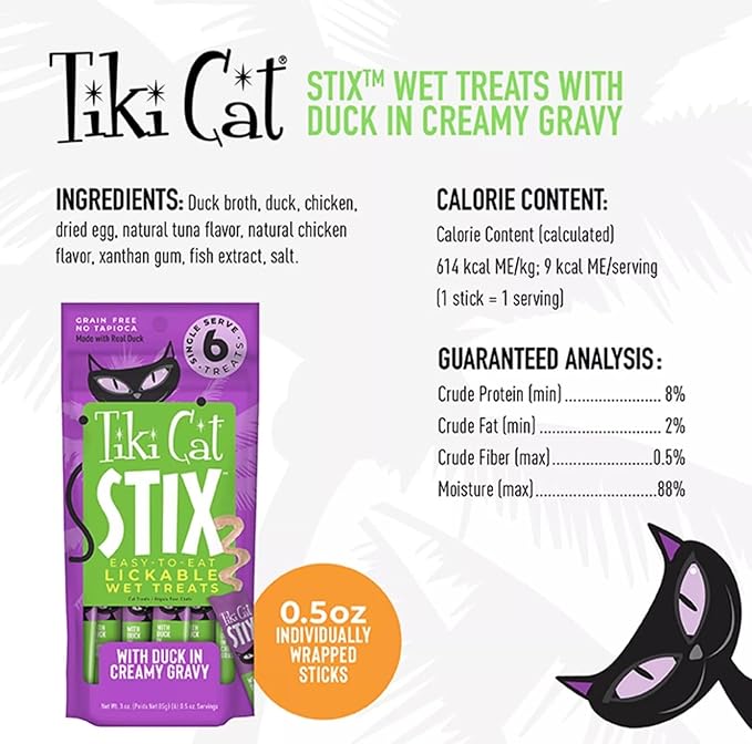 Tiki Cat Stix Wet Treats, Grain Free Lickable Smooth Mousse Blend with Duck in Creamy Gravy 6 Stix in 1 Pouch (Pack of 2), Plus 1 Cat Pom Pom Balls Toy