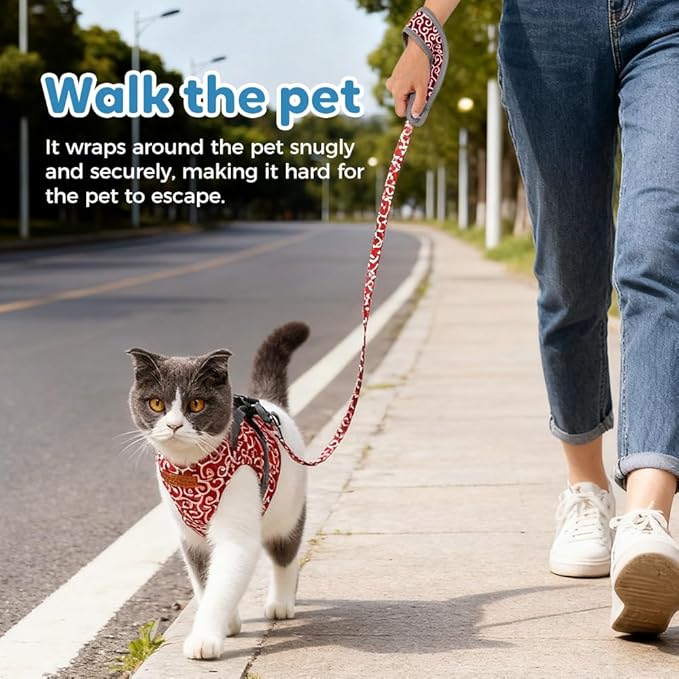 Cat Dogs Vest Harness and Leash Escape Proof, Soft Breathable Mesh and Comfortable Cat Harness and Leash Set, Anti Break Away Chest Strap Kitty Clothes for Travel Walking (Red, XL)