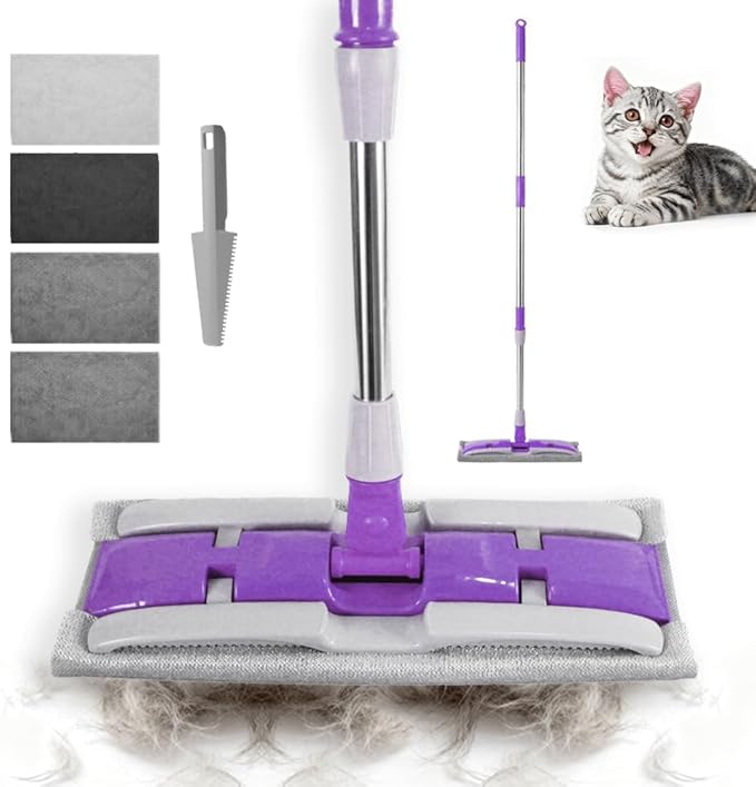 Electrostatic Dust Clip-On Mop for Pet Hair, 57" Adjustable Long Handle, 360° Rotating Head, 2 Reusable Static Cloths, 2 Microfiber Cloths & 1 Scraper, Ideal for Pet Loose Hair & Daily Dust Cleaning