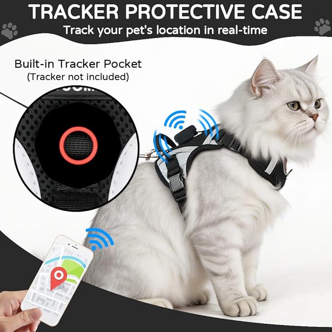 Large Cat Harness and Leash Set with Holder Compatible with AirTag, Upgraded Escape Proof Vest for Extra Large Cats Small Dogs Puppy, Mesh Outdoor Walking Jacket, Reflective Adjustable, Black, XL