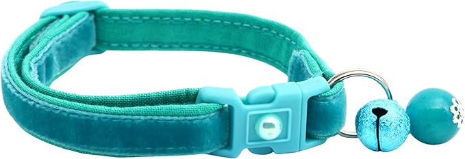 Velvet Cat Collar with Bell | Safety Breakaway Collar | Adjustable Large Size or Kitten Collar (Teal, Large(10lbs & Up))