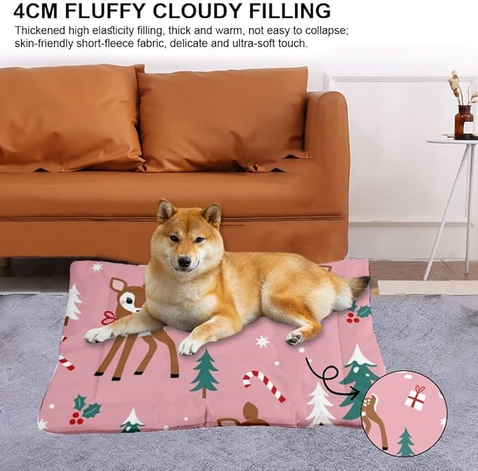 Holiday Pink Deer Pet Mats Warm Mat for Dogs Travel Pet Bed Unique Dog Bed Non- Slip Bottom Dog Accessories Multi- Scenario Gift Printed Mats 36× 24 Inch