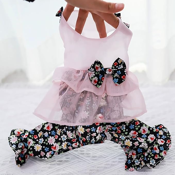 Vintage Floral Bowknot Sleeveless Romper for Small Dogs Cats Rabbits, Breathable Cotton Ruffle Flared Pants, Teacup to Small-Medium Pets for Walk Photo Vacation (Pink-Floral, Large)