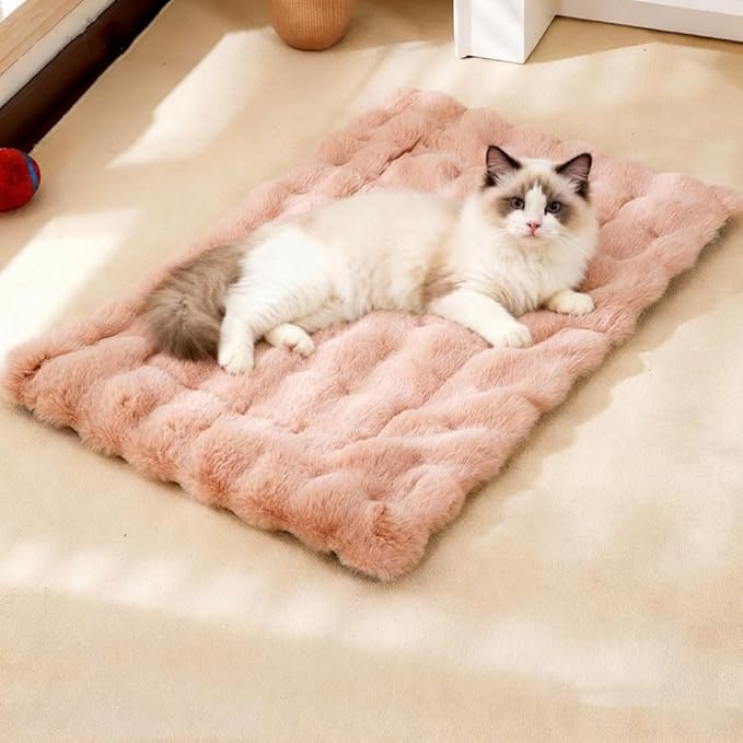 Cat Bed Mat Dog Crate Pads, Cat Beds for Indoor Cats Small Dogs, Plush Pet Bed Mats Faux Fur Dog Crate Mat with Removable Pillow for Cages/Floor/Couch (Pink,S-15.7 * 19.6 in)