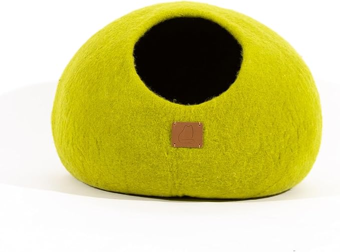 Best Aesthetic Cat Bed - Premium Felted Wool Cat Cave Bed - Cozy Peekaboo Round Cave for Large or Small Cats (Large, Citrus Green)