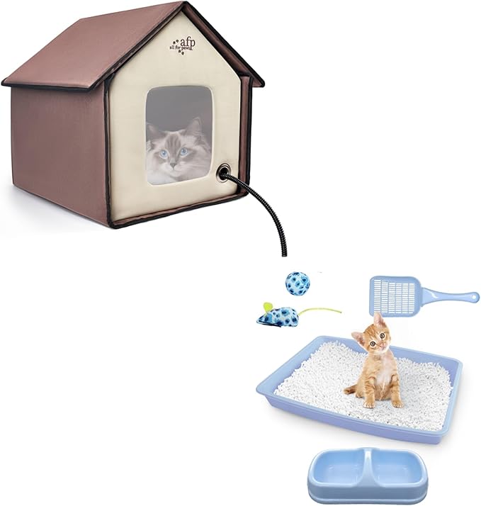 Blue Cat Litter Box Set, Small Cat Kitten Starter Kit with Litter Scoop, Cat Bowl, Kittens Toy; Heated Cat House Indoor, Cats Home with Heated Pad, Cat Houses & Condos, Heater Cat Bed