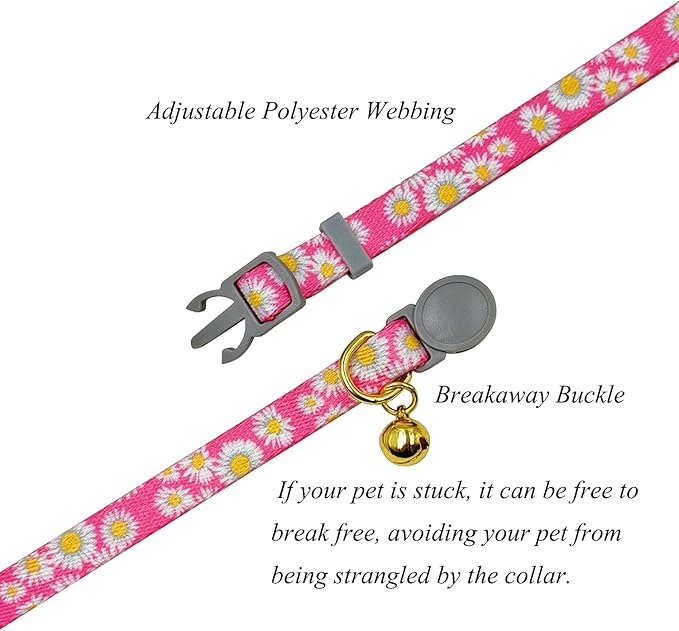Breakaway Cat Collar, Floral Pattern, Safe Release Buckle, Clear Bell, Polyester Material, for Adult Cats.(Pink Daisy)