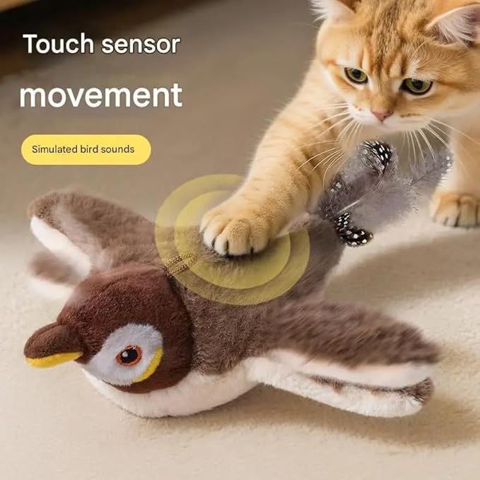 Cat Toy, Plush Bird with Sound and Motion, USB Rechargeable, Soft Washable Cover, Brown and White no Flying