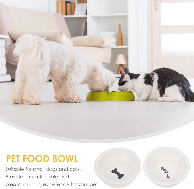 Gadpiparty 2Pcs Ceramic Pet Bowls Set for Dogs and Cats, Puppy Feeder and Cat Drinking Bowl, Bone and Fishbone Design, Suitable for Small Pets Feeding and Watering
