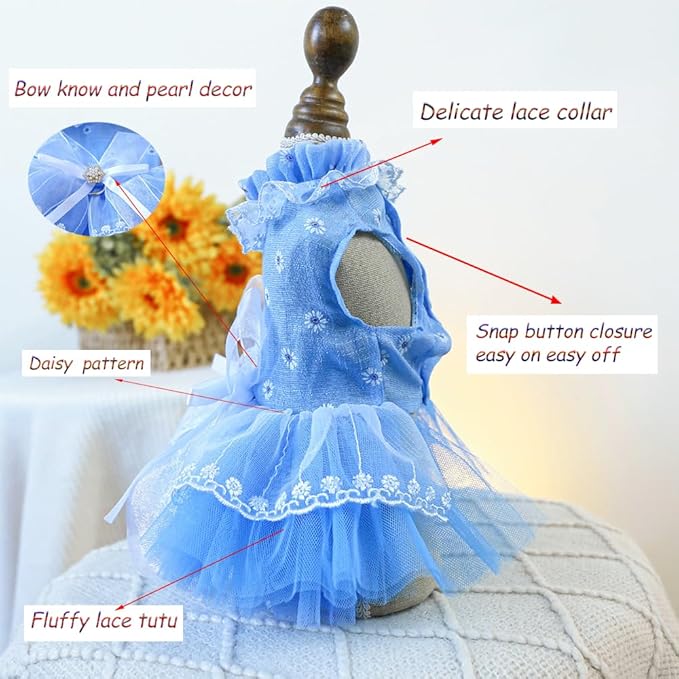 ANIAC Daisy Small Dog Dresses Female with Leash Ring,Bow Knot Girl Puppy Wedding Dress,Valentine's Cat Outfit,Fancy Pet Party Dress for Kitten Chihuahua Yorkie Pomeranian (Blue, Large)