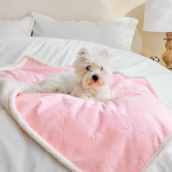 Qeils Pet Blankets for Cats - Waterproof Cat Blanket Washable - Sherpa Fleece Puppy Blanket, Soft Plush Reversible Throw Protector for Bed Couch Car Sofa, 40"X50", Pink Bows