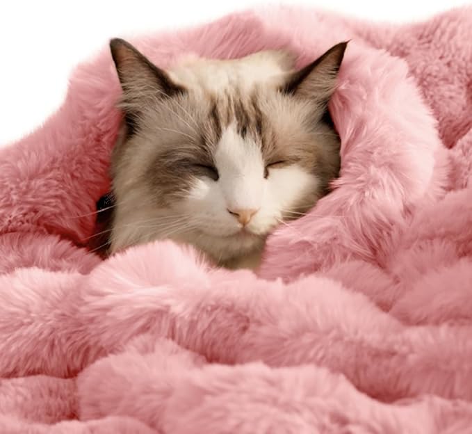 SOMAHE Cat Blanket, Reversible Sherpa & Bubble Fleece Pet Throw, Ultra-Soft Plush for Indoor Cats, Machine Washable, Anti-Static, Warm & Cozy, 22"×18" Inch Pink