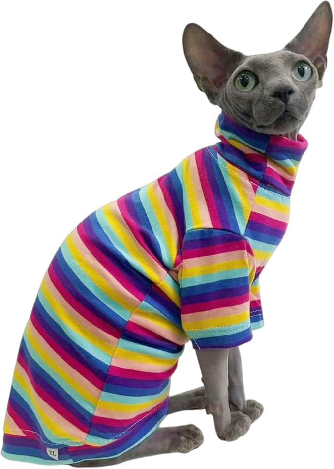 Vintage Stripes Sphynx Hairless Cats Shirt Cotton Cat Turtleneck Pet Clothes Kitten T-Shirts with Sleeves for Sphynx Cornish Rex, Devon Rex, Peterbald (Rainbow Stripe, X-Large (Pack of 1))