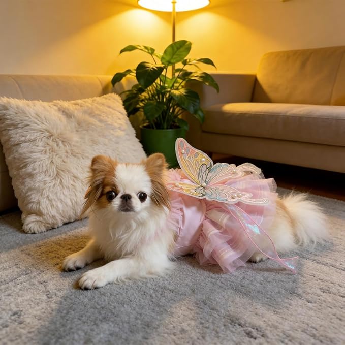 Rainbow Butterfly Princess Pet Skirt with D-Ring - Lace Tutu Set, Suitable for Puppies/Kittens, Chihuahuas, Yorkins, and Pomeranians | Holiday and Daily Wear (Rainbow-Butterfly, X-Large)