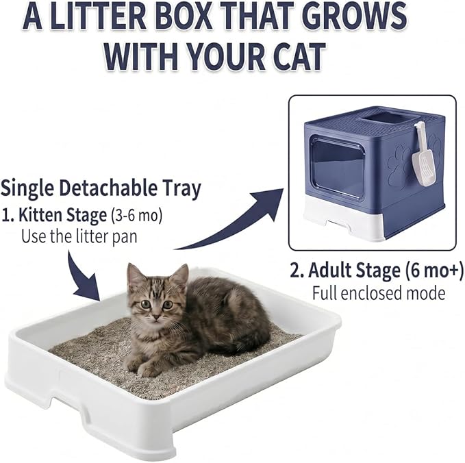 Medario Cat Litter Box with X-Large Litter Mat and Scoop, Large Covered Litter Box with Lid, Enclosed Kitty Box,Front Top Entry Exit, Odor Control Easy to Clean (Upgrade Midnight)