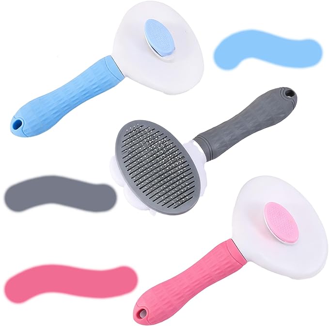 Cat Brush for Shedding, Self Cleaning Slicker Brush for Long Haired Cats, Deshedding Grooming Tool for Indoor Cats with Easy Release Button System (Grey)