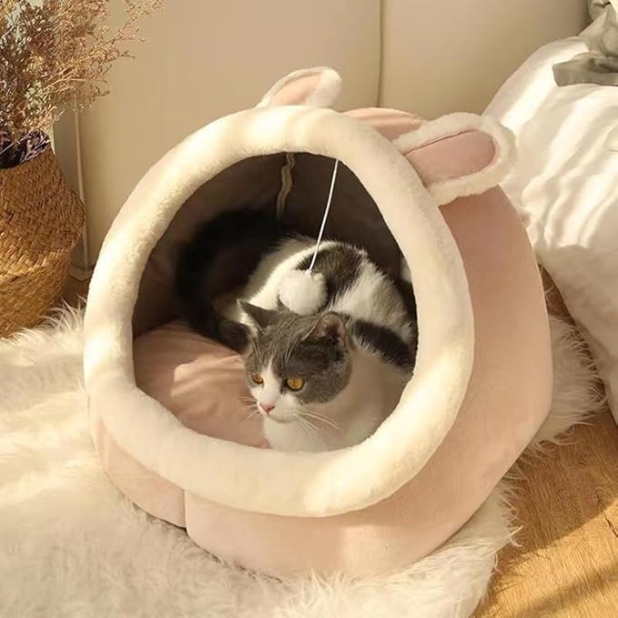 NatureMan Cat Beds for Indoor,Cat House with Hanging Cat Ball Toy,Kitten Tent House Removable Cotton Pad,Warm and Soft Pet Cat Supplies Kitten Small Dogs Pet Bed (Pink, M)