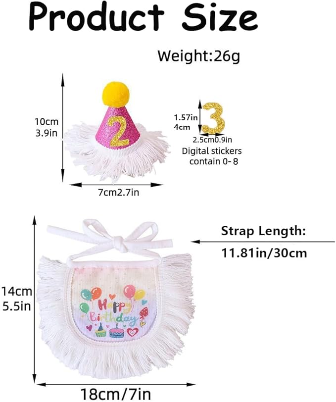 Cat Birthday Party Supplies, Pink Girl Cat Kitten Birthday Hat with Numbers & Gradient Bandana, Birthday Outfit Apparel for Cats and Kittens (Small, Happy Birthday)