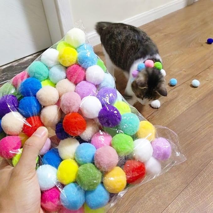 50pcs Cat Toy Ball Fun Colorful Plush Self Play Toys Pom Balls for Launcher Shooting Interactive for Indoor Cats Enrichment Kittens Puff Ball Playing (only 50 Pieces Balls)