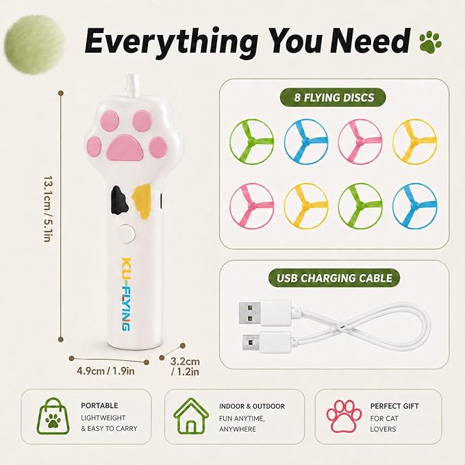 Cat Fetch Toy, Electric Cat Disc Launcher Toy with 8 Flying Spinners, Interactive Cat Toy for Indoor Cats and Bored Kittens, Bendable Discs, Rechargeable Paw Design（White）