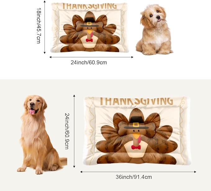 Happy Thanksgiving Turkey Cat Bed Waterproof Crate Mat Dog Mats for Crates Rectangle Dog Bed Non- Slip Bottom Furniture Covers for Pets Multi- Scenario Pet Mat Gift Printed 36× 24 Inch