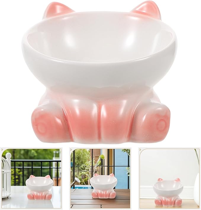 UKCOCO Elevated Tilted Cat Food Bowl with Porcelain Raised Pet Feeder Dish, Gradient White-Pink Ceramic Raised Plate for Cats and Small Dogs, Suitable for Indoor Feeding and Watering