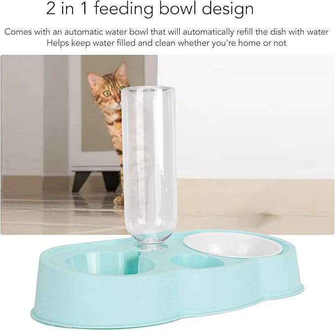 Double Pet Bowl Set, Non - Slip Stable 2-in-1 Food & Water Bowl with Automatic Water Dispenser Bottle, Feeding Station for Cats, Small Dogs and Mini Pets (Blue)